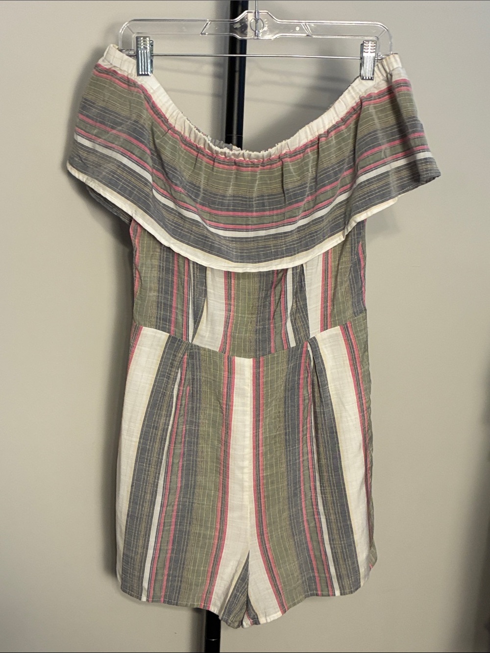 entro Striped One-Shoulder Romper in Olive, Pink, Cream